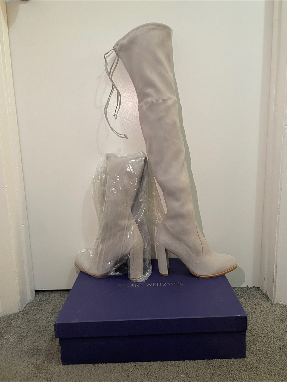 Stuart Weitzman Over-the-Knee Block Heel Boots in Light Gray